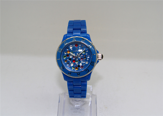 Blaue Plastikzeit-Damen GEFRIEREN Uhrsilikon mit Diamanten auf Skala