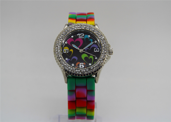 Runder Kasten des wasserdichten Regenbogen-Silikon-Bügel-Uhrlegierungs-Diamanten